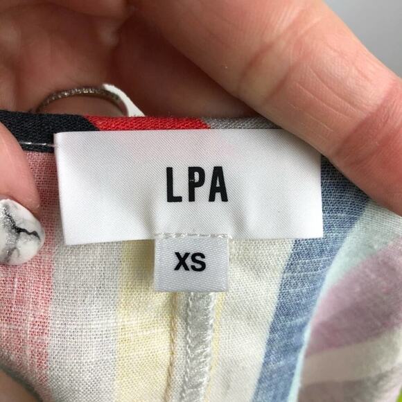 LPA Revolve Puff Sleeve Button Front Multi Striped Linen Mini Dress Size XS - Picture 11 of 16
